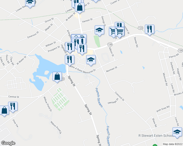 map of restaurants, bars, coffee shops, grocery stores, and more near 115 John A Dunn Memorial Drive in Rockland