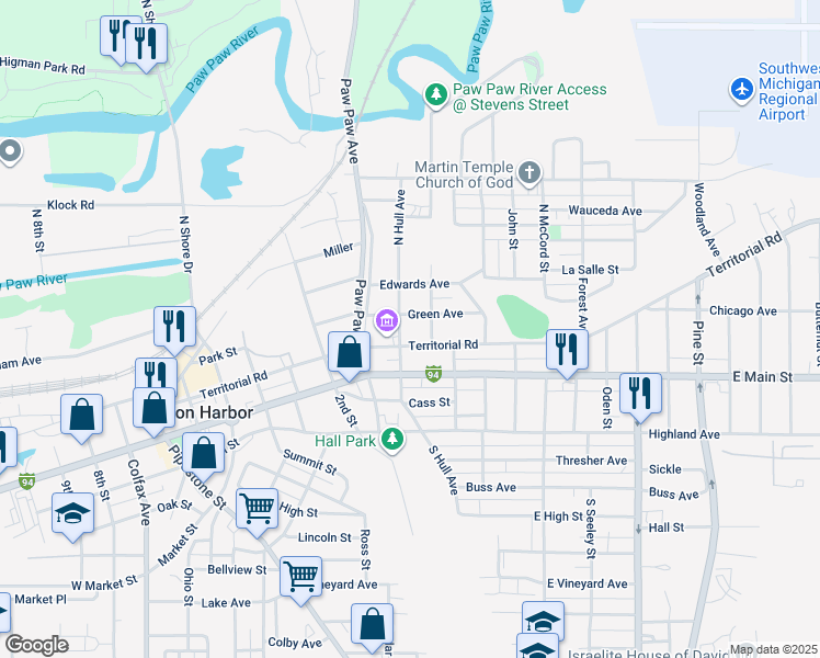 map of restaurants, bars, coffee shops, grocery stores, and more near 267 North Hull Avenue in Benton Harbor
