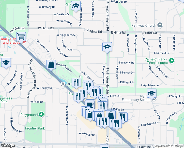 map of restaurants, bars, coffee shops, grocery stores, and more near 9 East Brookwood Drive in Arlington Heights