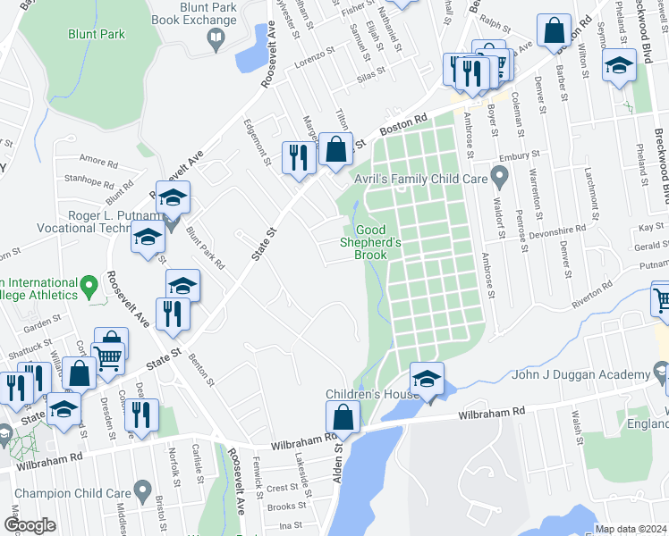 map of restaurants, bars, coffee shops, grocery stores, and more near 9 Woodcliff Street in Springfield