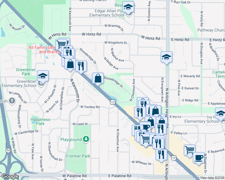 map of restaurants, bars, coffee shops, grocery stores, and more near 500 West Rand Road in Arlington Heights