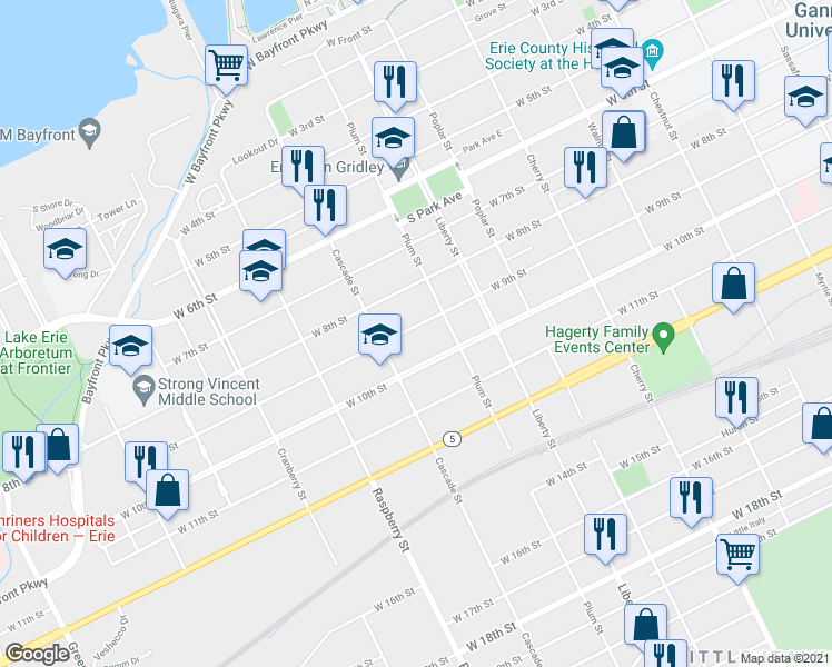 map of restaurants, bars, coffee shops, grocery stores, and more near 931 West 9th Street in Erie