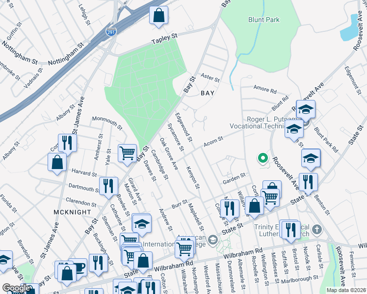 map of restaurants, bars, coffee shops, grocery stores, and more near 26 Acorn Street in Springfield
