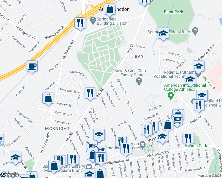 map of restaurants, bars, coffee shops, grocery stores, and more near 220-222 Oak Grove Avenue in Springfield