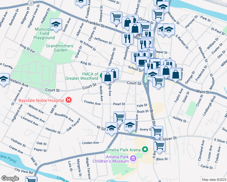 map of restaurants, bars, coffee shops, grocery stores, and more near 40 Court Street in Westfield