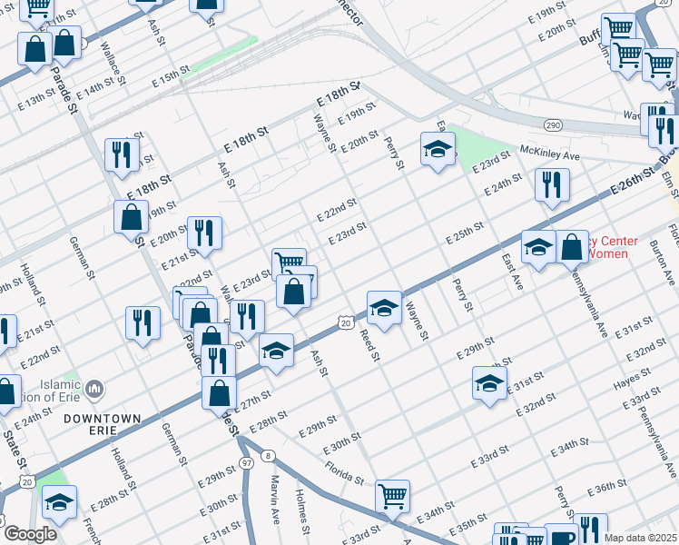 map of restaurants, bars, coffee shops, grocery stores, and more near 646 East 25th Street in Erie