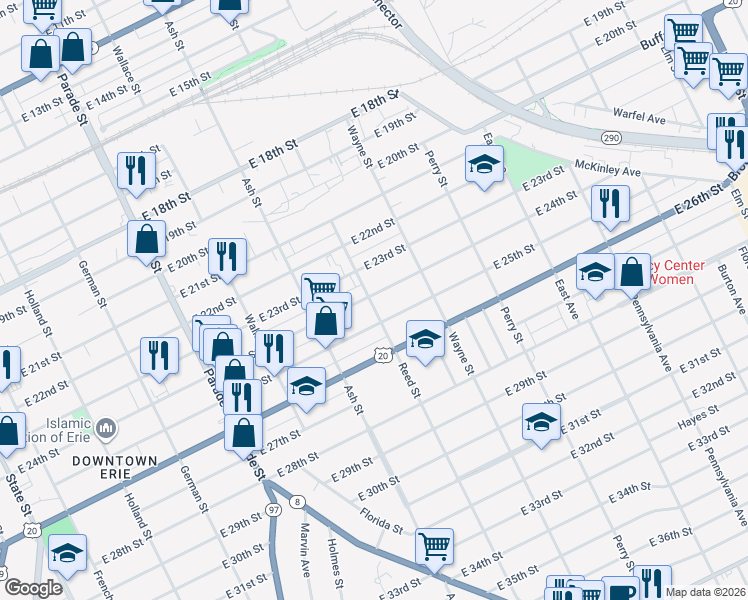 map of restaurants, bars, coffee shops, grocery stores, and more near 646 East 25th Street in Erie