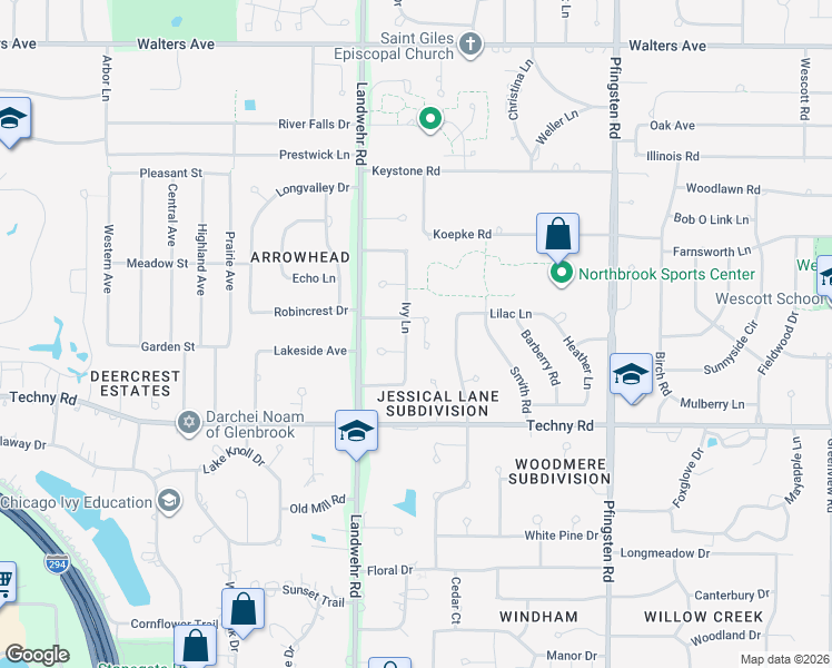 map of restaurants, bars, coffee shops, grocery stores, and more near 1845 Ivy Lane in Northbrook