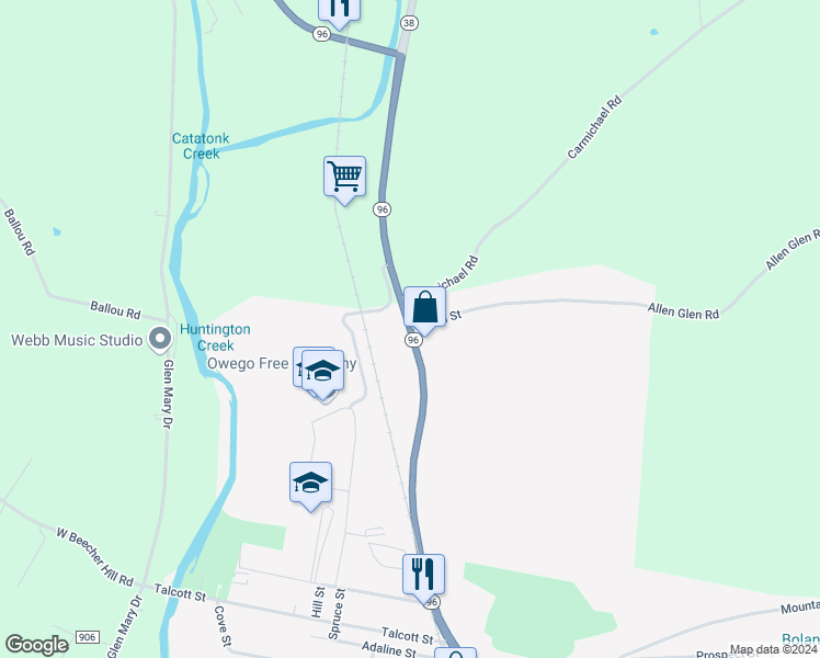 map of restaurants, bars, coffee shops, grocery stores, and more near 1 Dean Street in Owego
