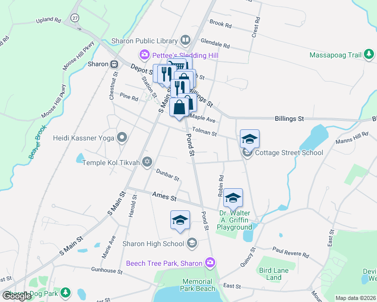 map of restaurants, bars, coffee shops, grocery stores, and more near 125 Pond Street in Sharon