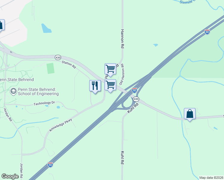 map of restaurants, bars, coffee shops, grocery stores, and more near Knowledge Parkway in Erie