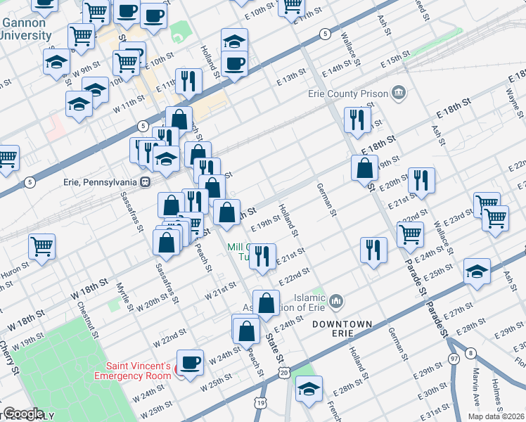 map of restaurants, bars, coffee shops, grocery stores, and more near 101-199 E 19th St in Erie