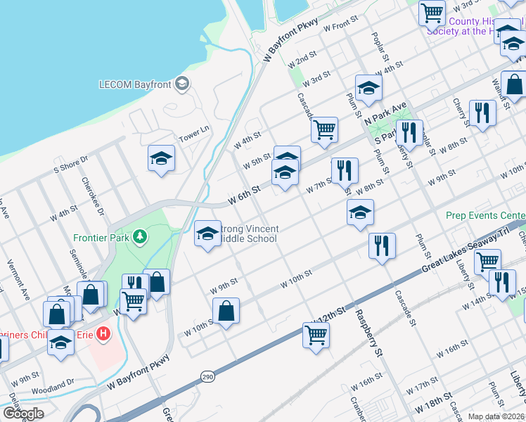 map of restaurants, bars, coffee shops, grocery stores, and more near 1211 West 7th Street in Erie