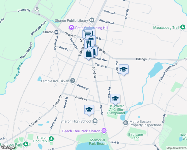 map of restaurants, bars, coffee shops, grocery stores, and more near 109 Pond Street in Sharon