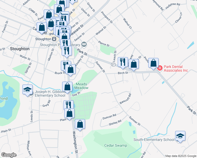 map of restaurants, bars, coffee shops, grocery stores, and more near 145 Gay Street in Stoughton