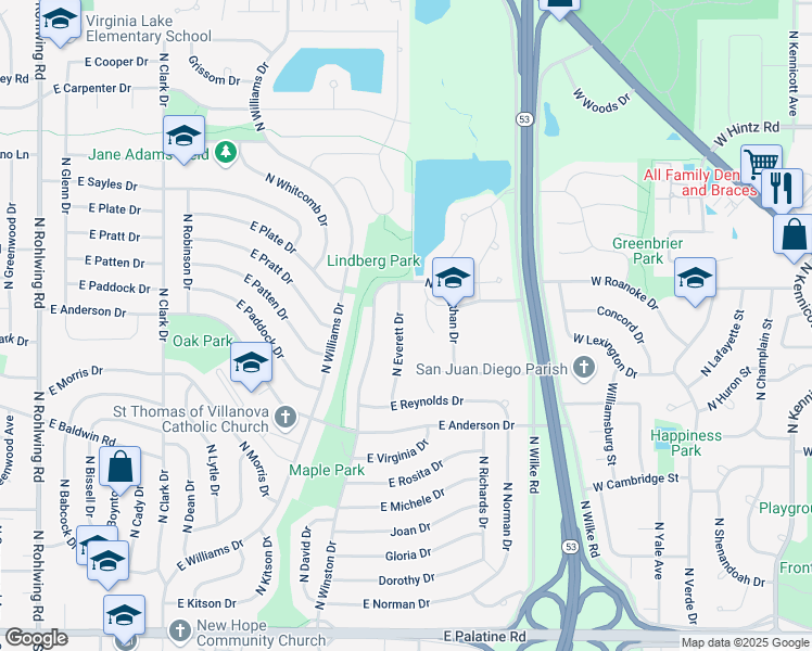 map of restaurants, bars, coffee shops, grocery stores, and more near 445 North Everett Drive in Palatine