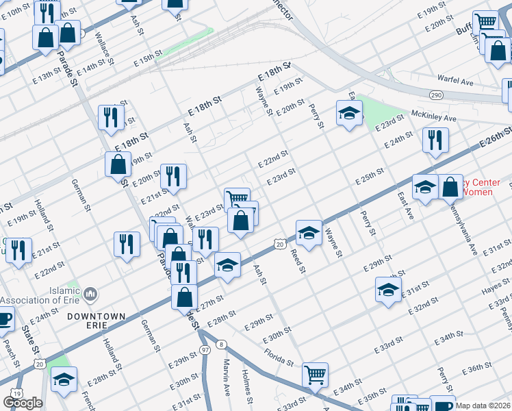 map of restaurants, bars, coffee shops, grocery stores, and more near 705 East 23rd Street in Erie