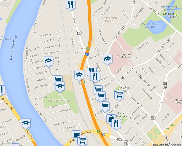 map of restaurants, bars, coffee shops, grocery stores, and more near 16 Cumberland Street in Springfield