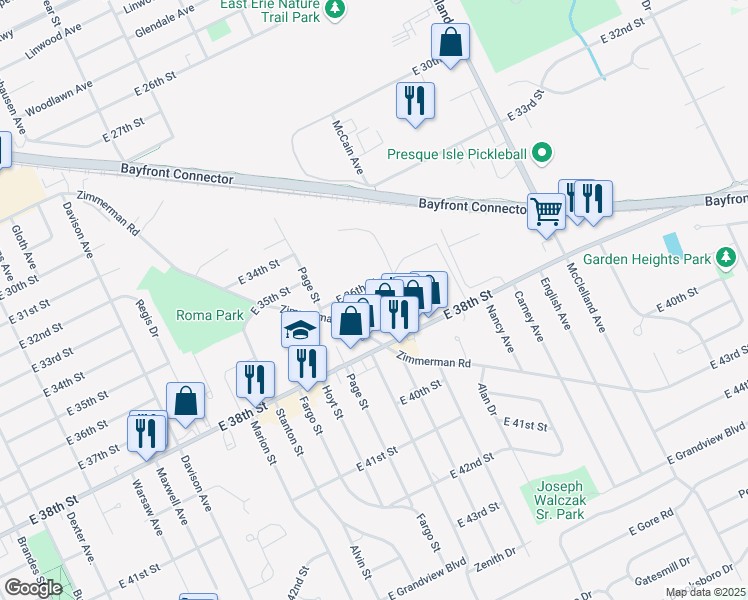 map of restaurants, bars, coffee shops, grocery stores, and more near 1953 East 36th Street in Erie