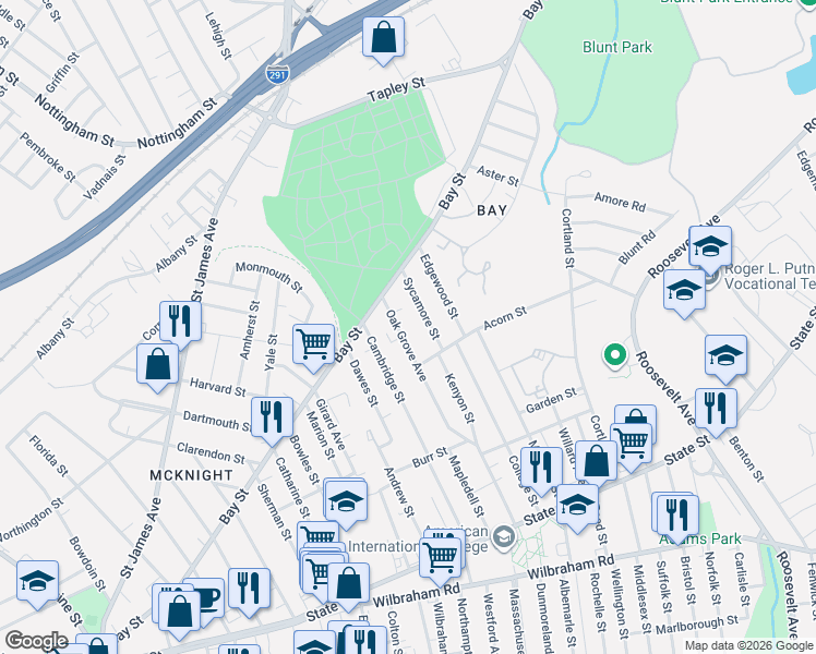map of restaurants, bars, coffee shops, grocery stores, and more near 271 Oak Grove Avenue in Springfield