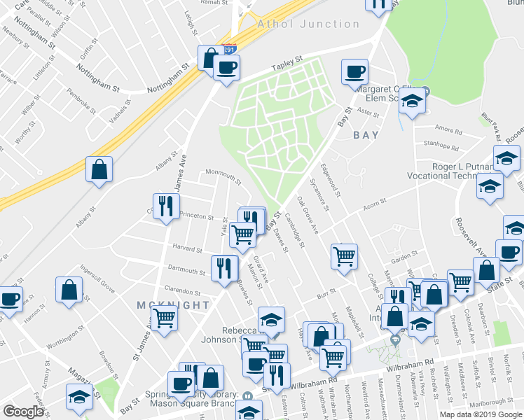 map of restaurants, bars, coffee shops, grocery stores, and more near 45 Berkeley Street in Springfield