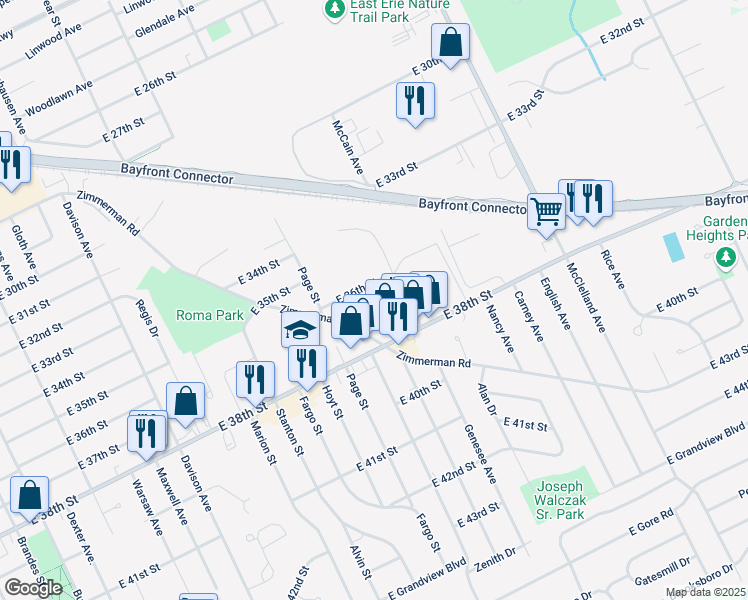 map of restaurants, bars, coffee shops, grocery stores, and more near 1953 East 36th Street in Erie