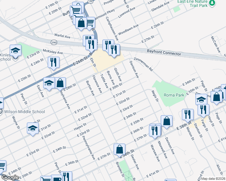 map of restaurants, bars, coffee shops, grocery stores, and more near 2935 Burns Ave in Erie