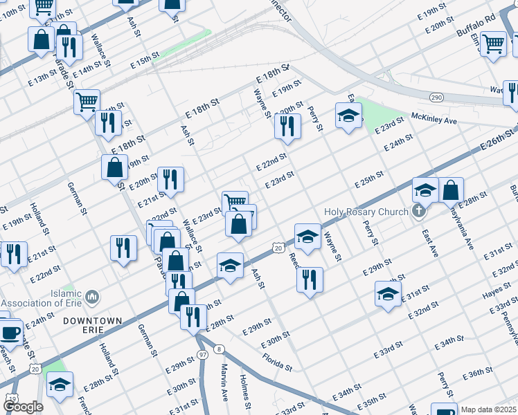 map of restaurants, bars, coffee shops, grocery stores, and more near 705 East 23rd Street in Erie