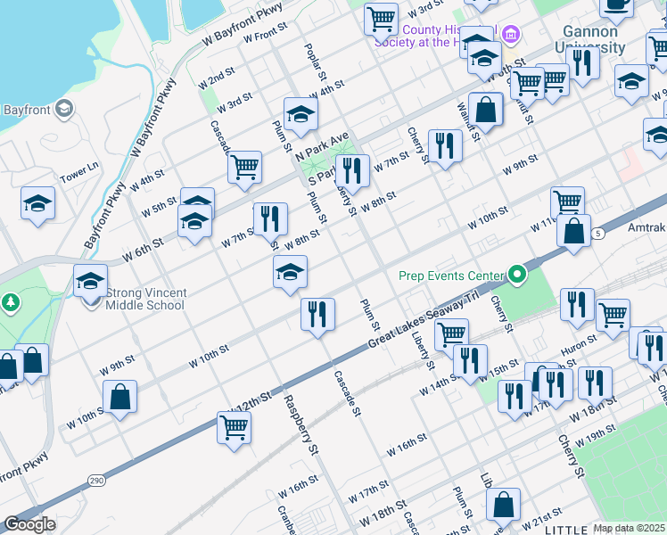 map of restaurants, bars, coffee shops, grocery stores, and more near 825 West 8th Street in Erie