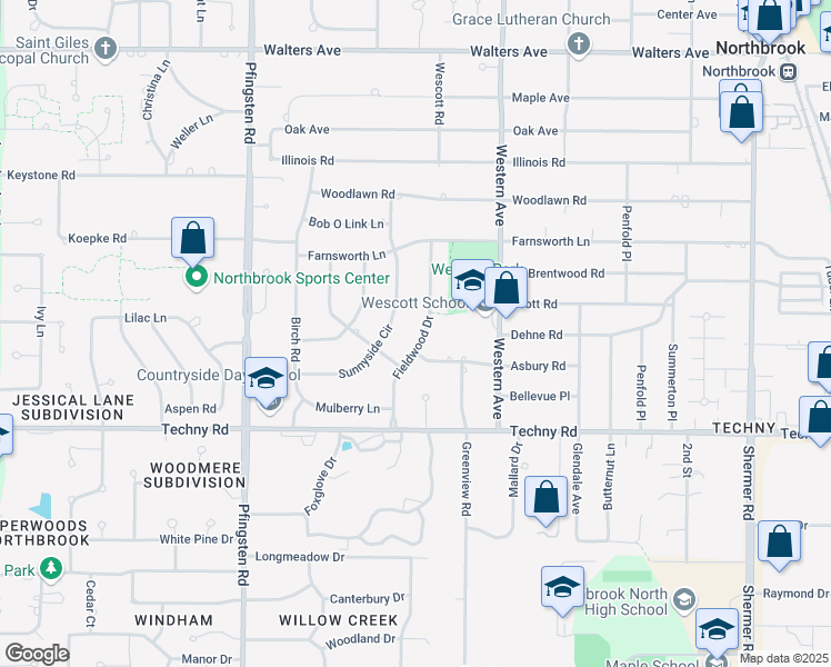 map of restaurants, bars, coffee shops, grocery stores, and more near 1820 Fieldwood Drive in Northbrook