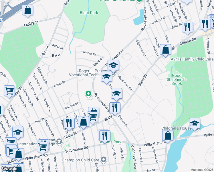 map of restaurants, bars, coffee shops, grocery stores, and more near 60 Alton Street in Springfield
