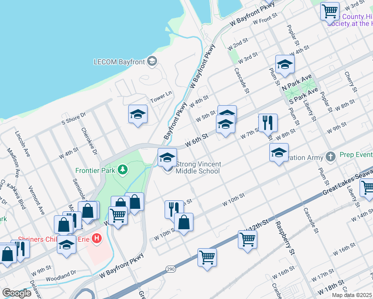 map of restaurants, bars, coffee shops, grocery stores, and more near 1235 West 6th Street in Erie