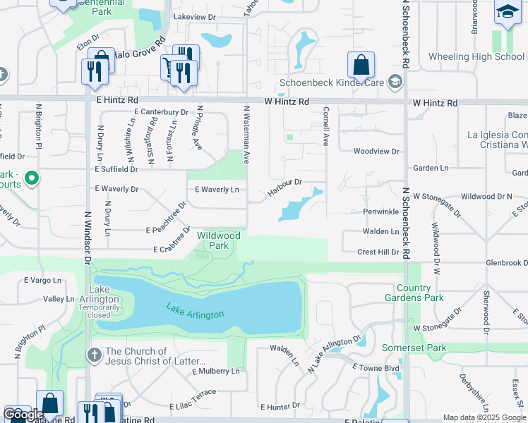 map of restaurants, bars, coffee shops, grocery stores, and more near 1054 Harbour Court in Wheeling