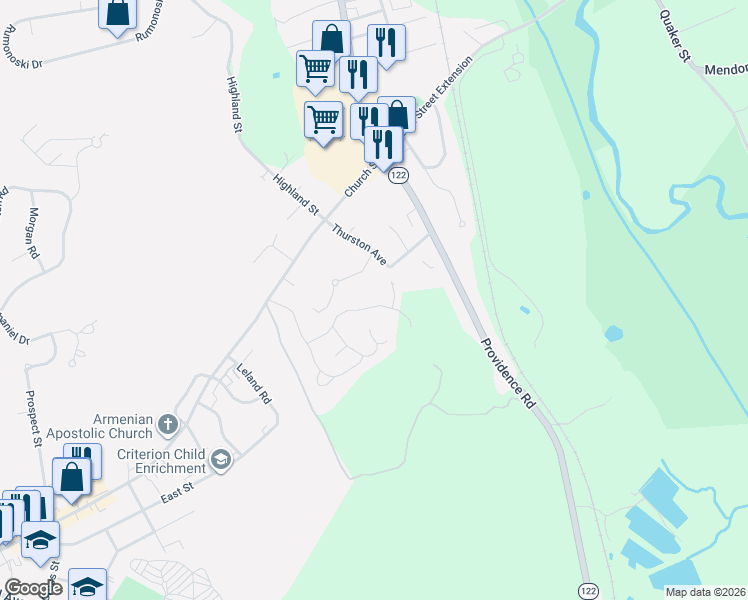 map of restaurants, bars, coffee shops, grocery stores, and more near 157 Rolling Ridge Drive in Northbridge