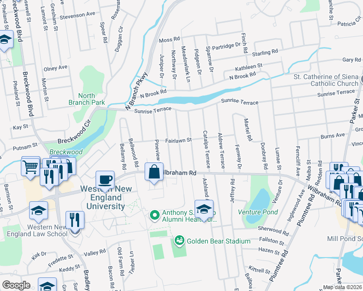 map of restaurants, bars, coffee shops, grocery stores, and more near 77 Granger Street in Springfield