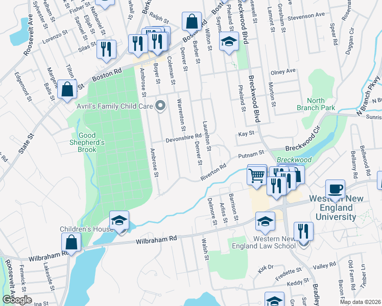 map of restaurants, bars, coffee shops, grocery stores, and more near 30 Warrenton Street in Springfield