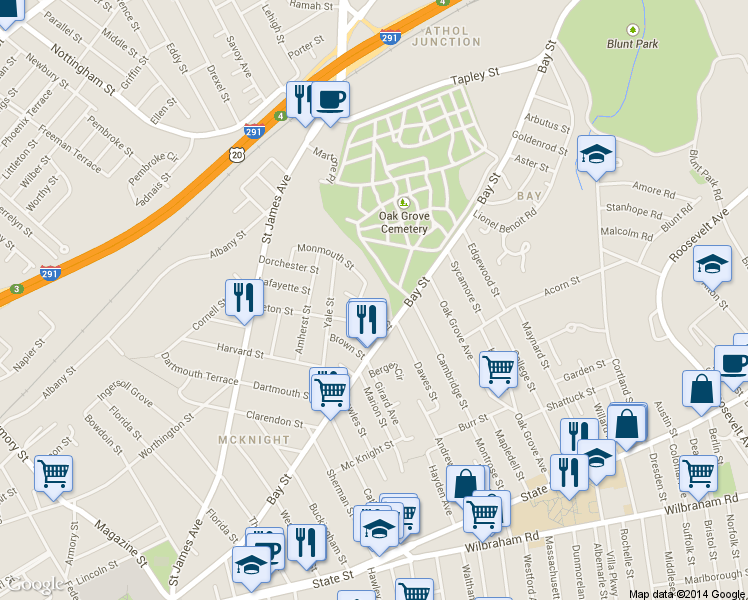 map of restaurants, bars, coffee shops, grocery stores, and more near 45 Berkeley Street in Springfield