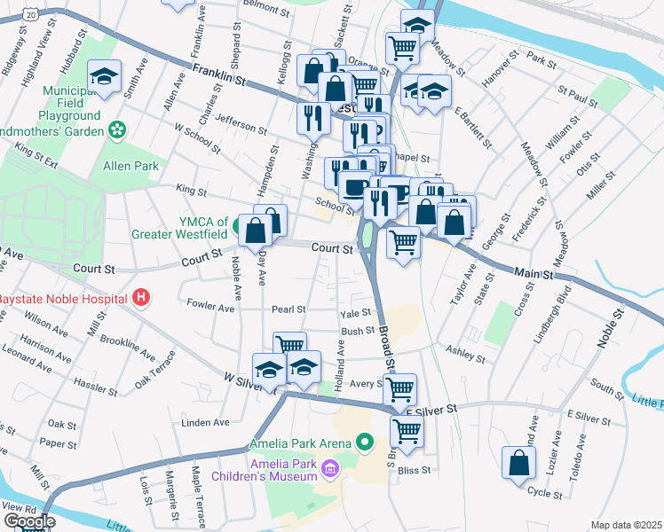 map of restaurants, bars, coffee shops, grocery stores, and more near 7 Court Street in Westfield
