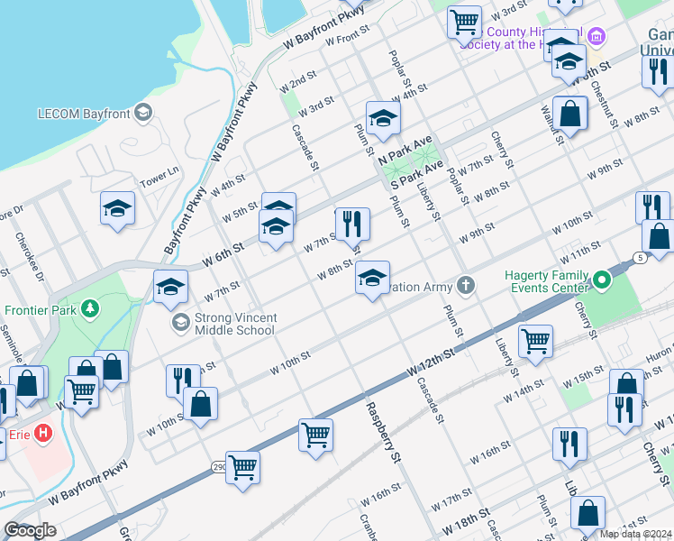 map of restaurants, bars, coffee shops, grocery stores, and more near 1021 23 W 7 Street in Erie