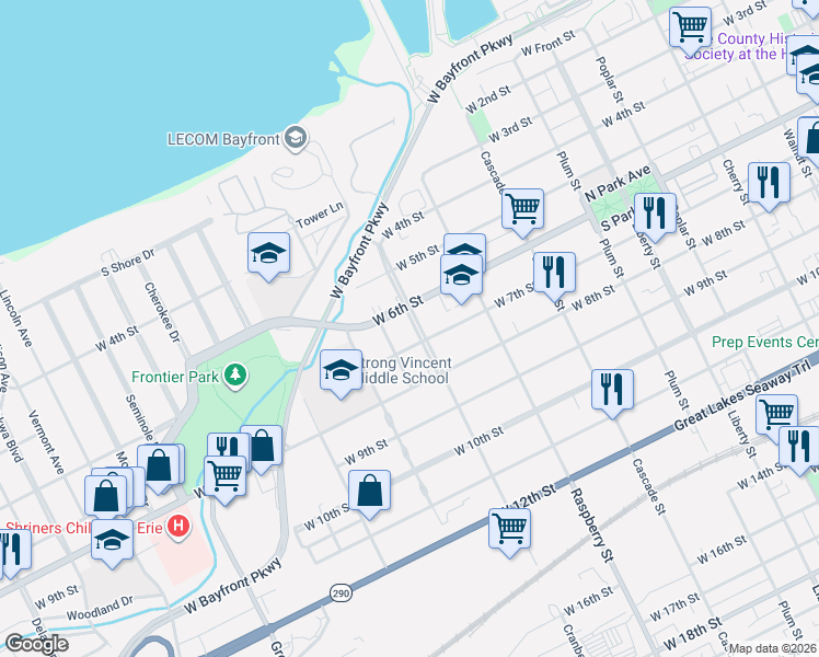 map of restaurants, bars, coffee shops, grocery stores, and more near 1163 West 6th Street in Erie