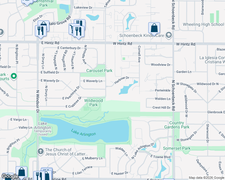map of restaurants, bars, coffee shops, grocery stores, and more near 1054 Harbour Court in Wheeling