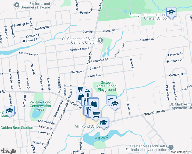 map of restaurants, bars, coffee shops, grocery stores, and more near 45 Vincent Street in Springfield