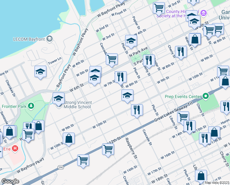 map of restaurants, bars, coffee shops, grocery stores, and more near 1021 23 W 7 Street in Erie