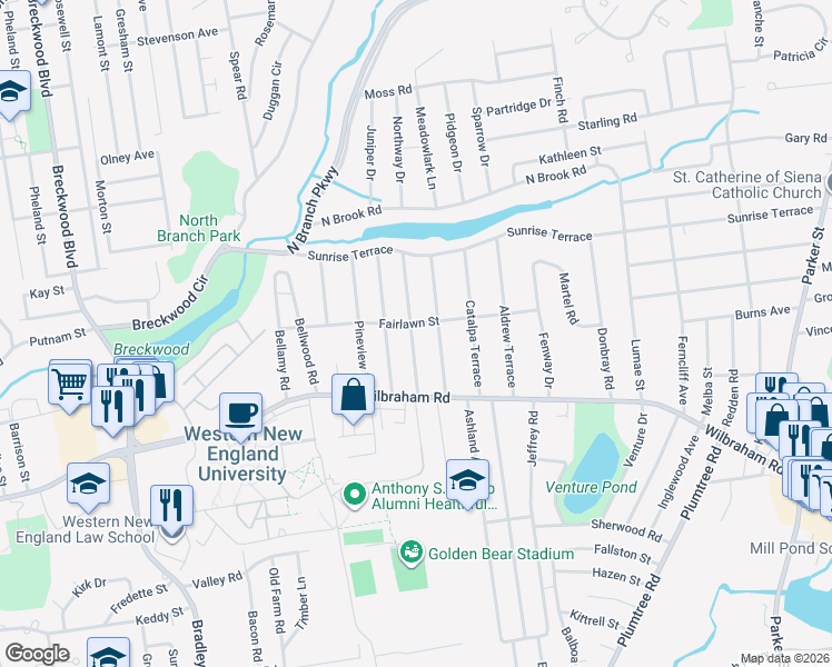 map of restaurants, bars, coffee shops, grocery stores, and more near 77 Granger Street in Springfield