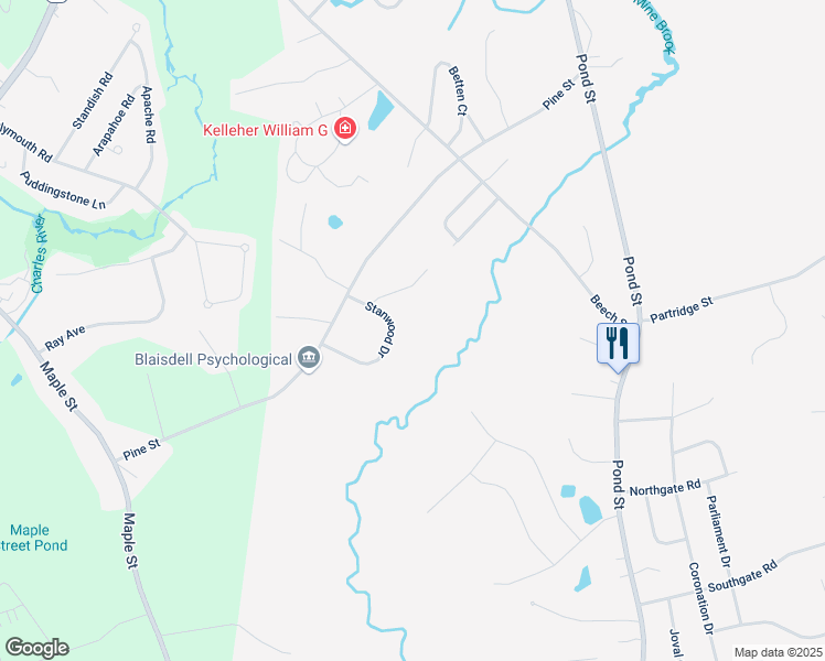map of restaurants, bars, coffee shops, grocery stores, and more near 11-15 Stanwood Drive in Franklin