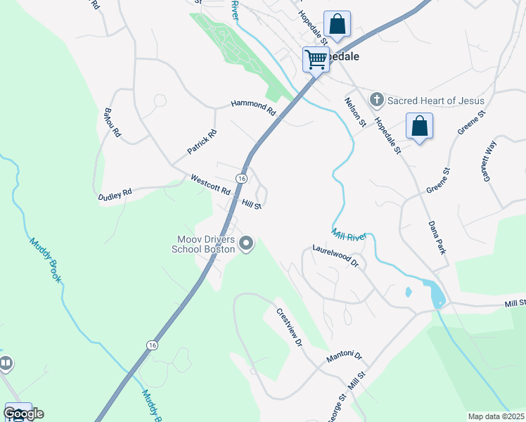 map of restaurants, bars, coffee shops, grocery stores, and more near 30 Hill Street in Hopedale
