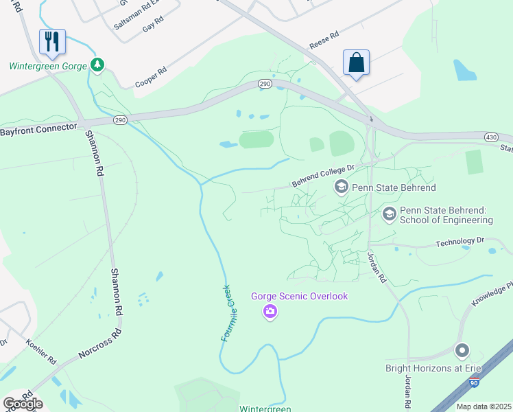 map of restaurants, bars, coffee shops, grocery stores, and more near 4701 Behrend College Road in Erie