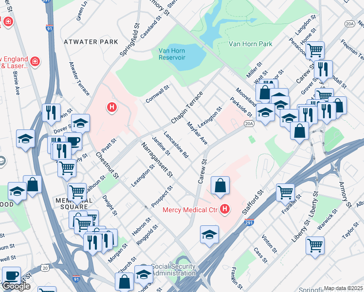 map of restaurants, bars, coffee shops, grocery stores, and more near 174-176 Lexington Street in Springfield