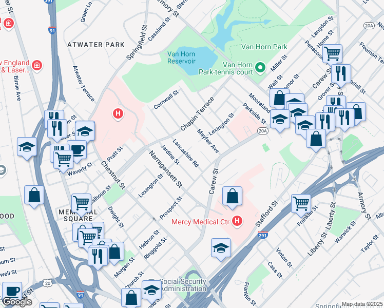 map of restaurants, bars, coffee shops, grocery stores, and more near 174-176 Lexington Street in Springfield