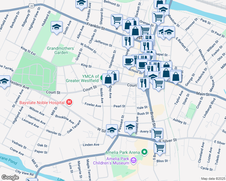 map of restaurants, bars, coffee shops, grocery stores, and more near 48 Court Street in Westfield